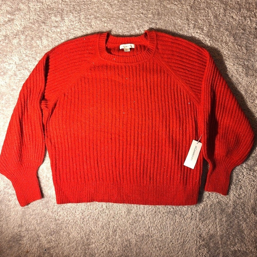Liz Claiborne Womens Red Sparkle Ribbed Knit Sweater 1X Office Party Holiday